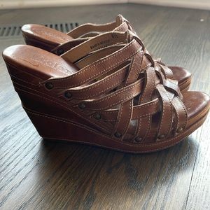 Women’s Bed Stu Brown Leather Platform Wedge Slide Sandals Size 8.5M